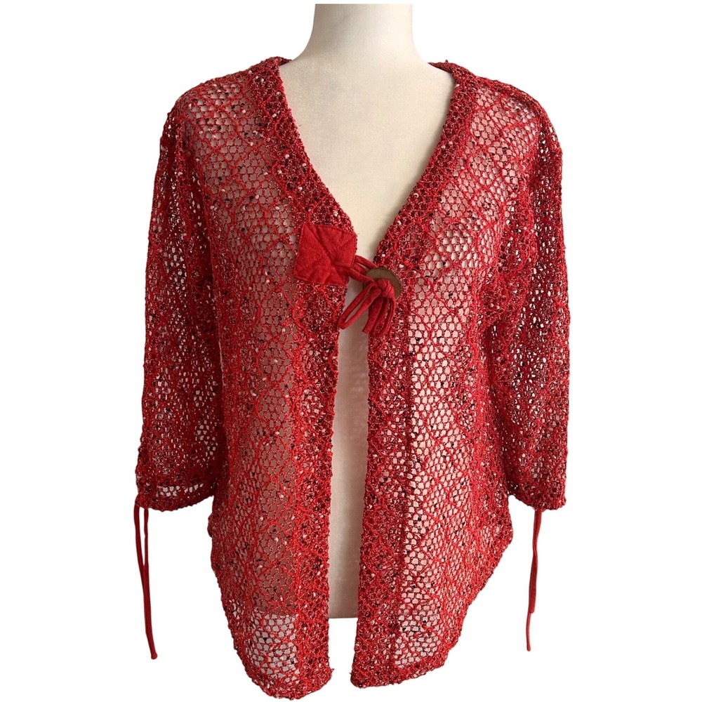 Kaktus Red Open Knit Mesh Cardigan 3/4 Sleeve Tie Cuff Toggle Button Womens M